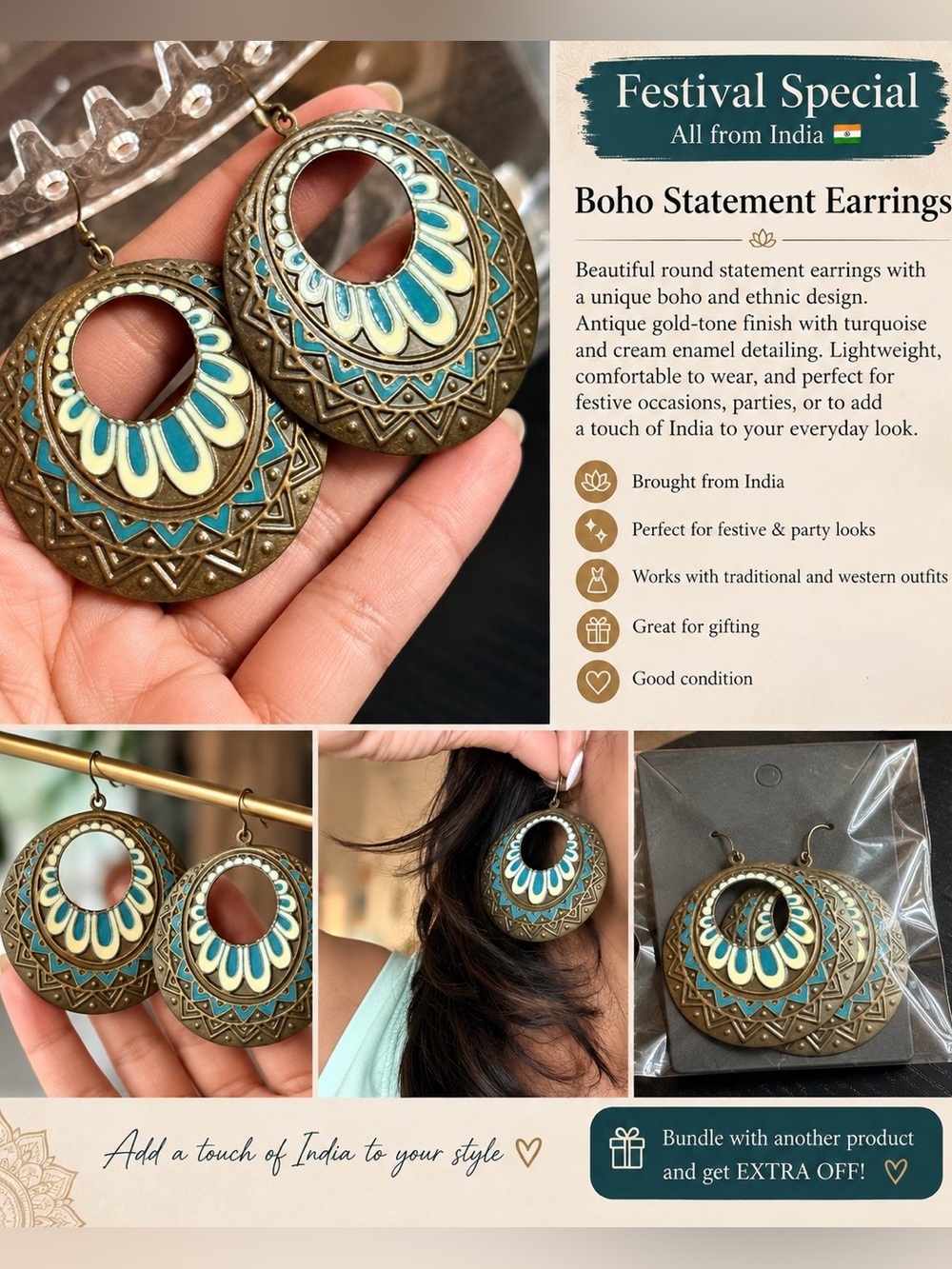 Tribal Village Indian Statement Earrings | Blue Enamel Oxidized Boho Jewelry